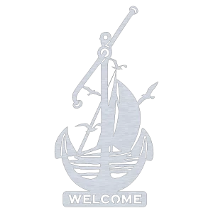 Aluminum wall sign featuring a laser-cut design of an anchor and sailboat with seabirds flying above. The sign measures 9.5 inches wide by 18 inches high.